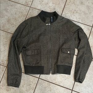 be Women’s Wool Tweed Bomber Jacket Olive Brown Flecked Wool Blend Size L